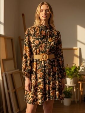 H&M Floral High-Neck Long-Sleeve Dress in Black and Mustard